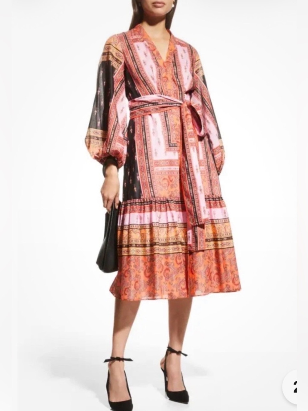 Kobi Halperin Diana Paisley Scarf Print Long Sleeve Midi Dress Size Small